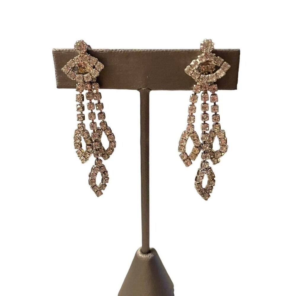 Vintage Weiss Layered Dangling Icy Clear Rhinestone Clip On Earrings Silver Tone